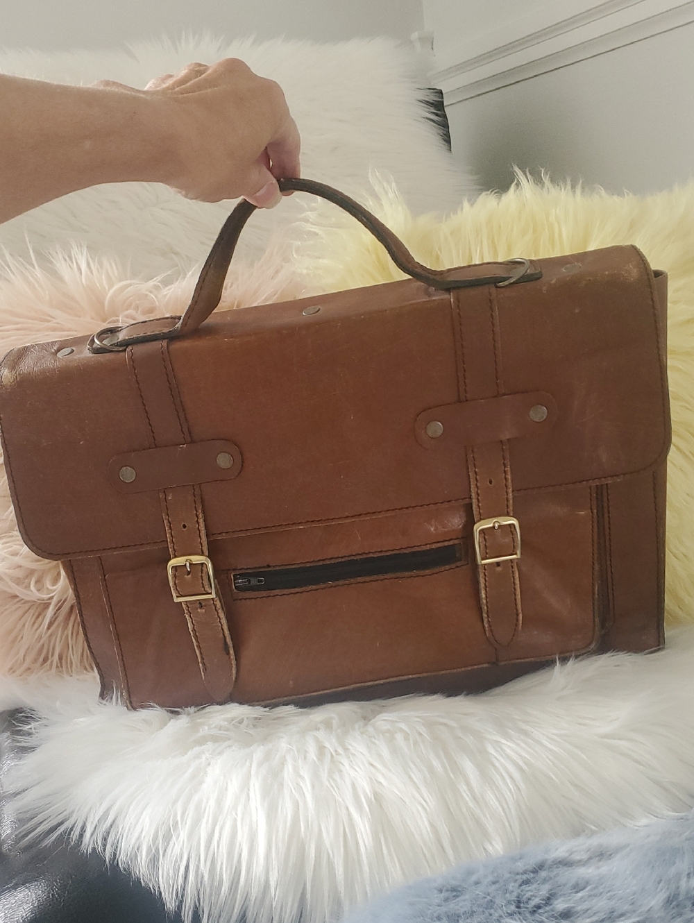 Vintage Distressed Brown Leather Old School Messenger Briefcase Laptop Bag